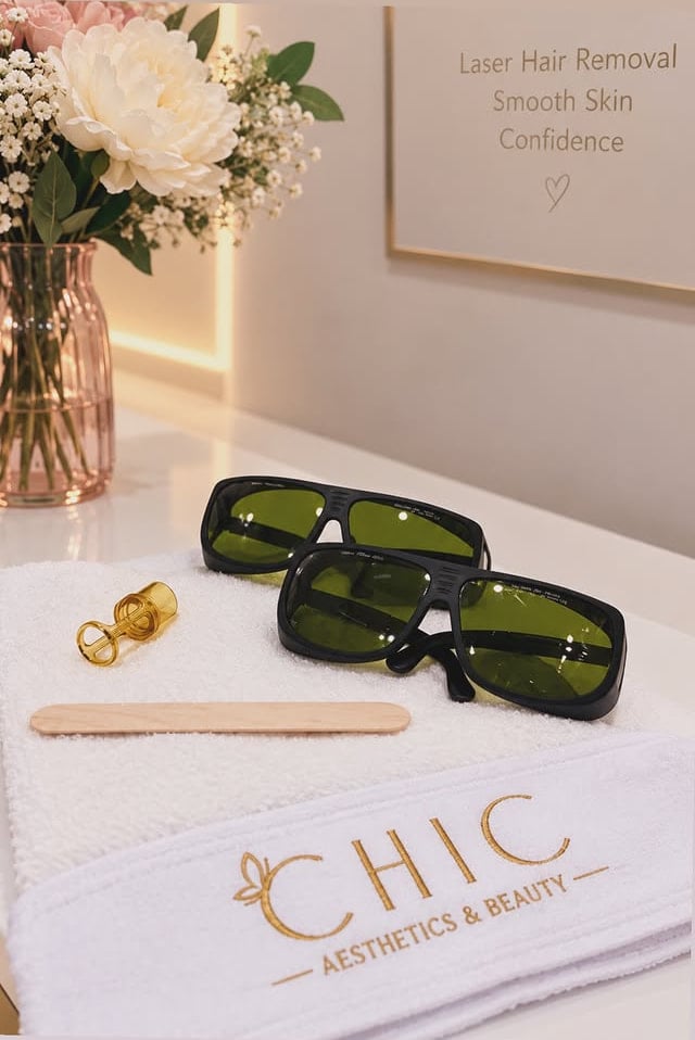 Laser safety glasses and a handpiece tip on a towel embroidered with the CHIC logo, under a Laser Hair Removal sign